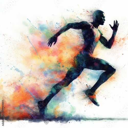 Silhouette of a sprinter running in full stride, abstract color background.