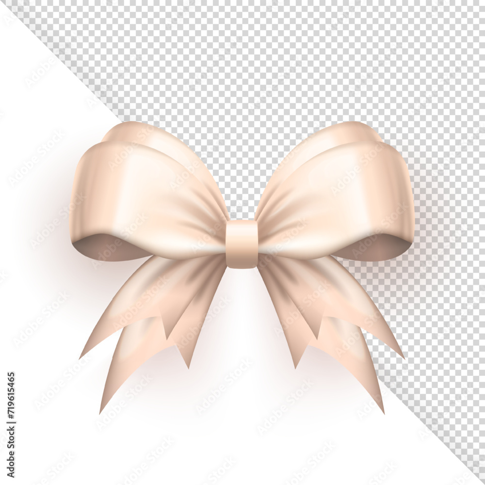Three dimensional white realistic glossy festive bow on transparent background. 3d decorative silk pastel colored gift ribbon for present packaging or greeting card. Template of vector tie box Three dimensional white realistic glossy festive bow on transparent background. 3d decorative silk pastel colored gift ribbon for present packaging or greeting card. Template of vector tie box