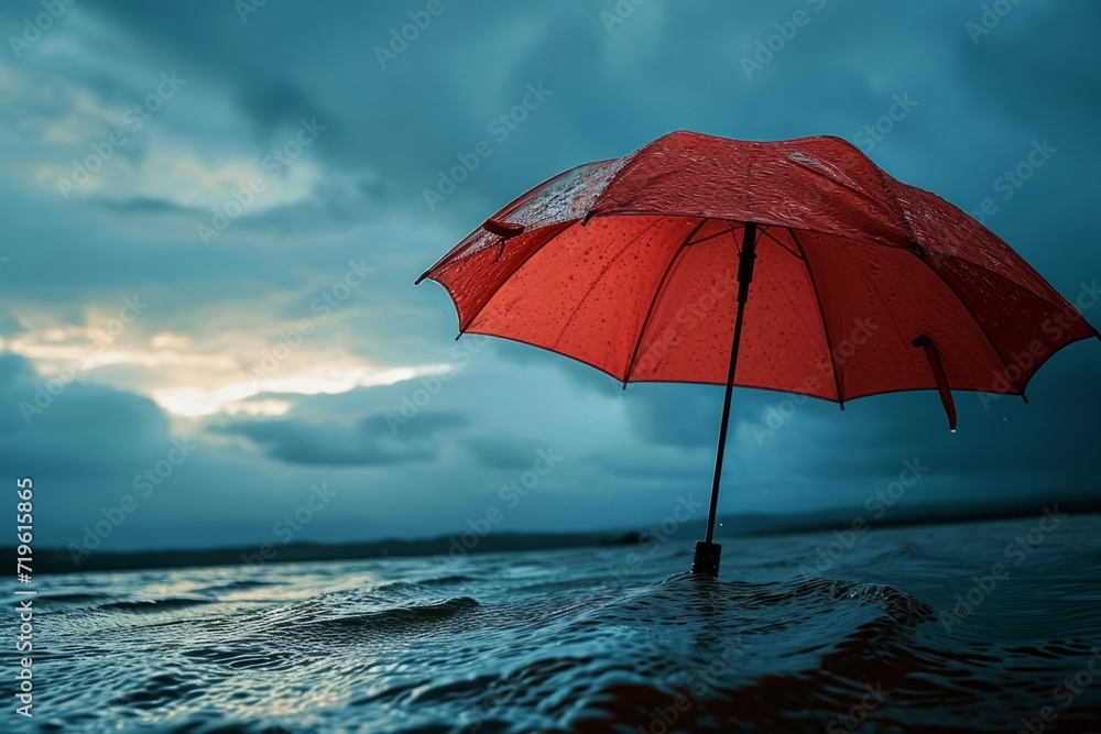 A red umbrella stands against a stormy sky, symbolizing savings and investment amidst financial turmoil