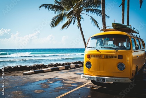 A yellow van with a surfboard parked at the beach