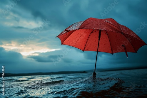 A red umbrella stands against a stormy sky, symbolizing savings and investment amidst financial turmoil photo