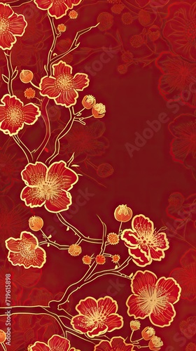 Red seamless pattern with golden flowering tree branches. Endless texture decoration with line gold flowers.  outlined illustration. AI generated illustration