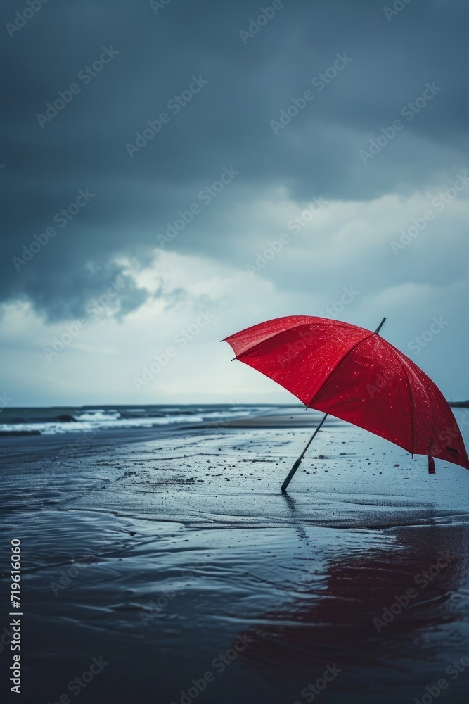 A red umbrella stands against a stormy sky, symbolizing savings and investment amidst financial turmoil