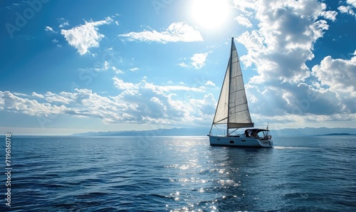 A sail yacht is navigating in the open ocean, with views of the sky and the horizon, in a sunny day