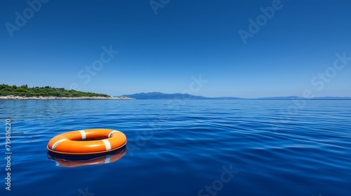 Red and white lifebuoy floating on open sea, symbolizing safety and rescue in emergency situations