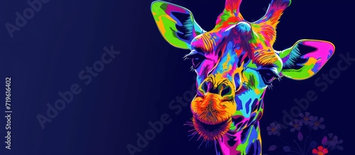 Portrait giraffe animal in the style of pop art vibrant color on dark blue background. Generated AI