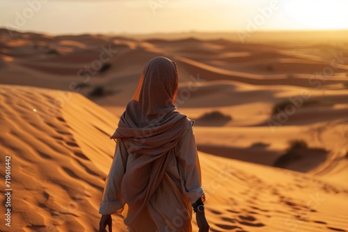 An Arabian woman walks through desert sand dunes at sunset