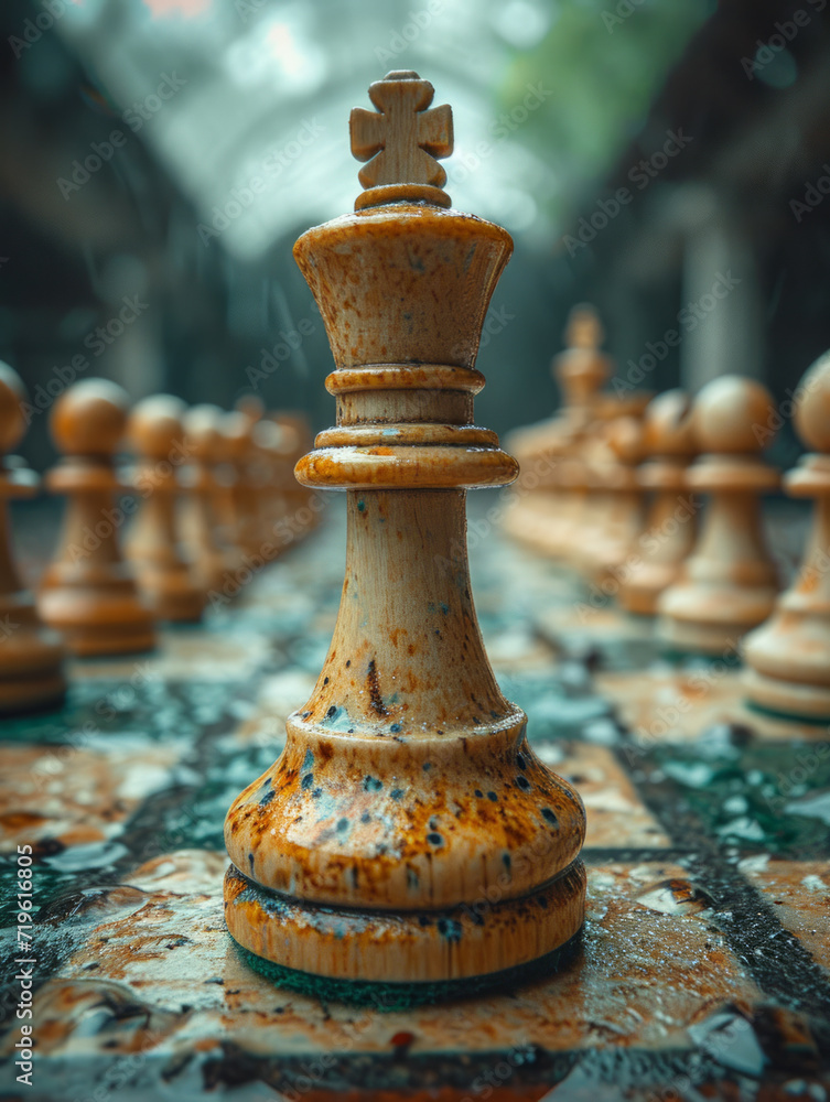 Chess board on carpet containing chess pieces. A detailed view of a