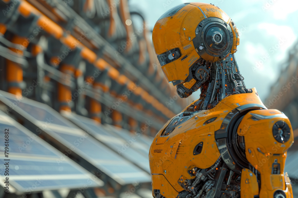 Robot standing in front of solar panels. A yellow robot stands in front of a sleek and contemporary building, its vibrant color contrasting against the architectural backdrop. Robot standing in front of solar panels. A yellow robot stands in front of a sleek and contemporary building, its vibrant color contrasting against the architectural backdrop.