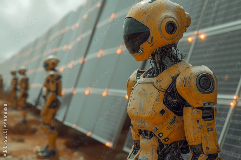 Robot standing in front of solar panels. A collection of yellow robots ...