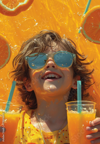 Boy laughing while drinking orange juice. A little girl with sunglasses enjoying a refreshing glass of orange juice.
