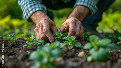 Planting of seedlings in the soil hands of a man. A close up image of a persons hands gently holding onto a potted plant. photo