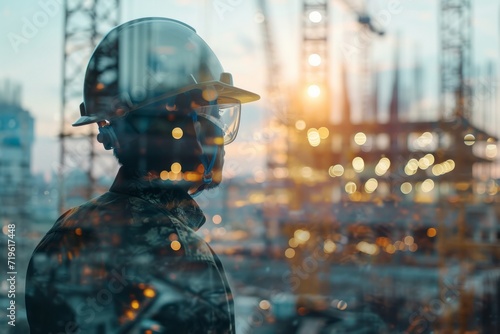 Construction engineering concept, represented by a double exposure of building engineers, architects, or construction workers at work