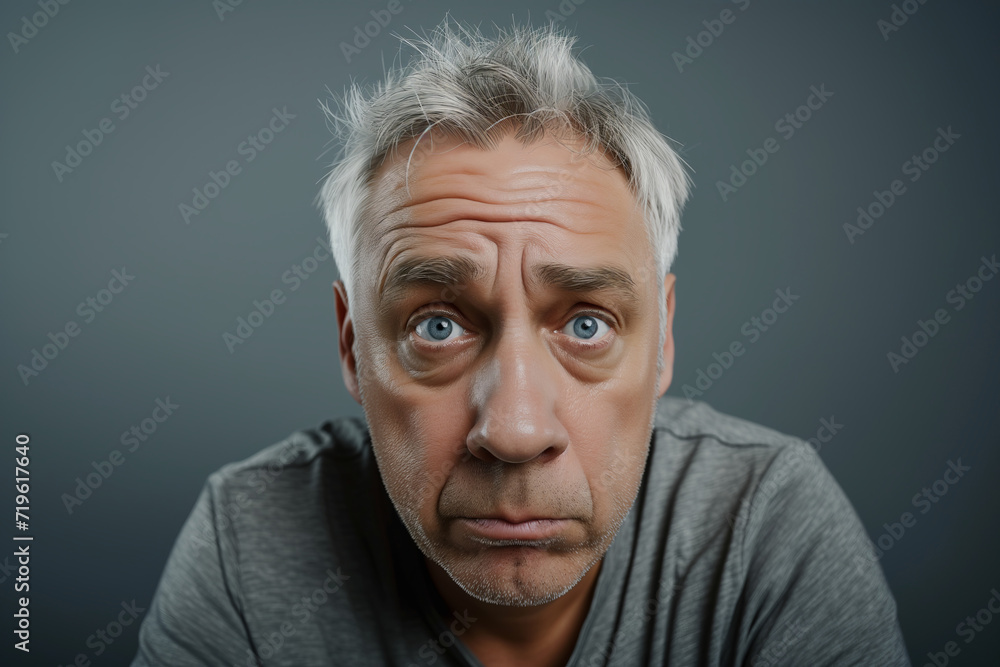 Concerned Middle-aged Man, Wide-eyed Expression, Grey Background Concerned Middle-aged Man, Wide-eyed Expression, Grey Background