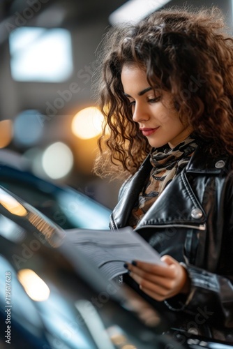 A young lady perusing a car loan agreement at a dealership photo