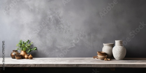Using a stone table and grey wall as a background for displaying products.