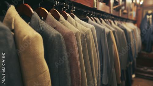 Tailored Elegance: Neatly Hung Suits in a Classic Tailor Shop