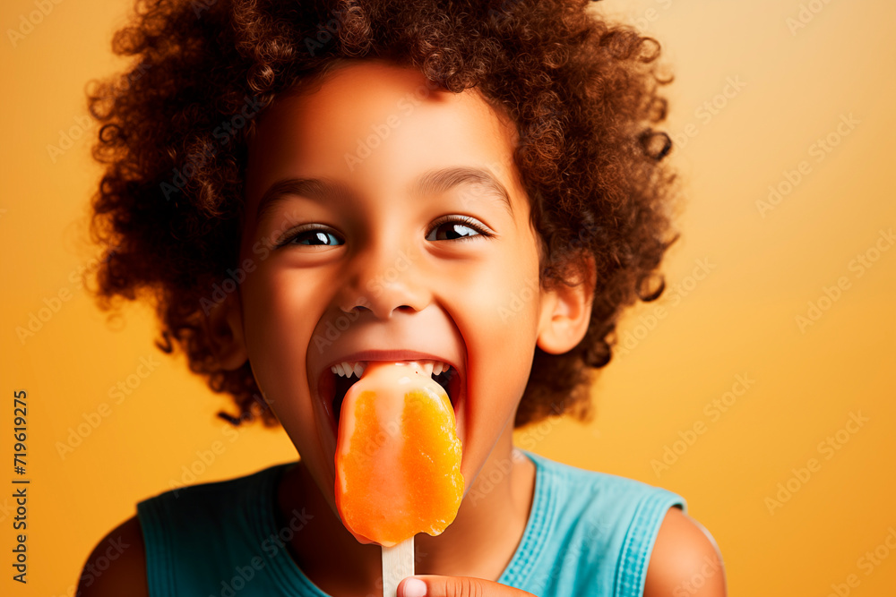 Happy little boy eating ice cream with a big smile outside on a Summer Day. Happy little boy eating ice cream with a big smile outside on a Summer Day.
