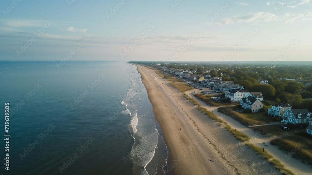 Sunlit Serenity: A Drone View of a Coastal Beach Town