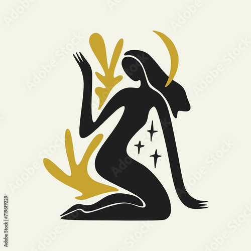 Sacred woman in Matisse style, meditating magic Reiki silhouette drawing, Bali moon wild young girl moon child.