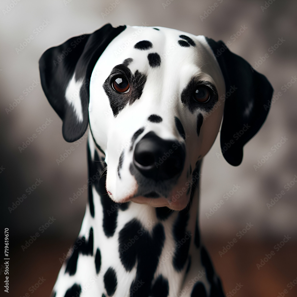 A Beautiful Cute Dalmatian White Coat with Black Spots,  Brown Eyed Hunting Dog Studio Portrait Sitting Posing for the Camera with a Curious Surprised Face Expression (deafness). Trick Pet Photography