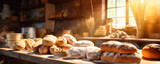 Traditional bakery shop with assortment of bread. banner