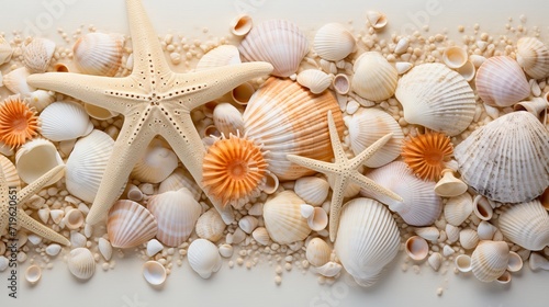 Top view of sandy beach with seashells and starfish as background for summer travel design