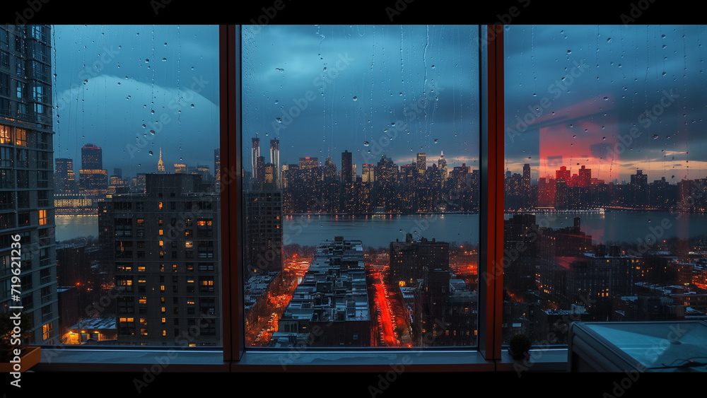 Urban Serenity: Gazing at a Rain-Soaked City at Sunset from a Penthouse