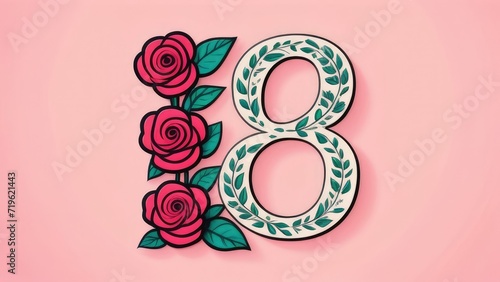 Women's Day concept for March 8th. The number 8 on a pink background with pink roses