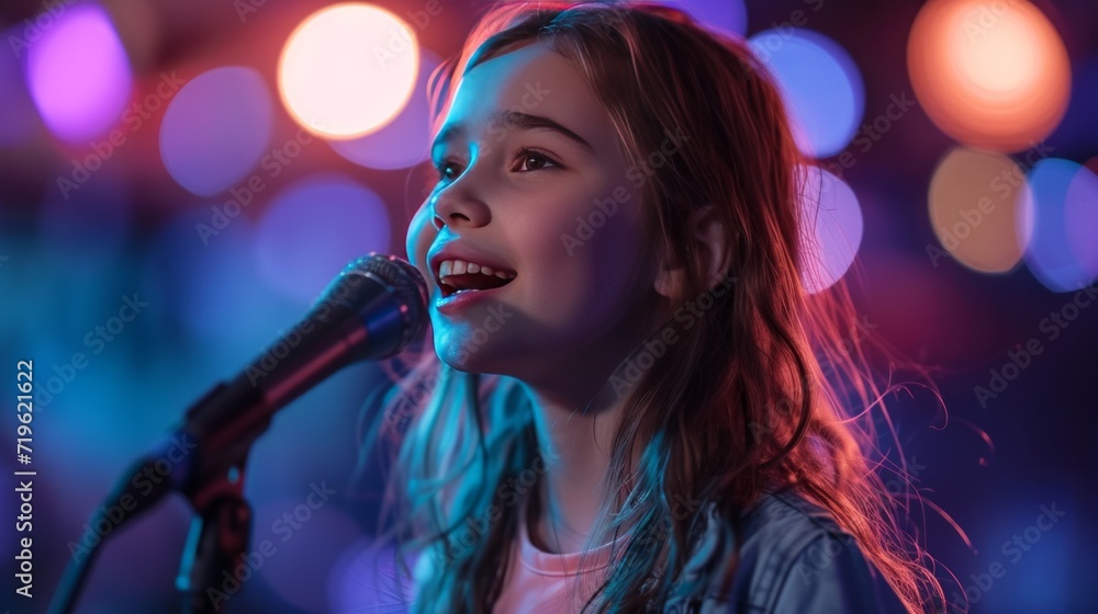 happy beautiful girl sings in karaoke, blurred background with copy space happy beautiful girl sings in karaoke, blurred background with copy space