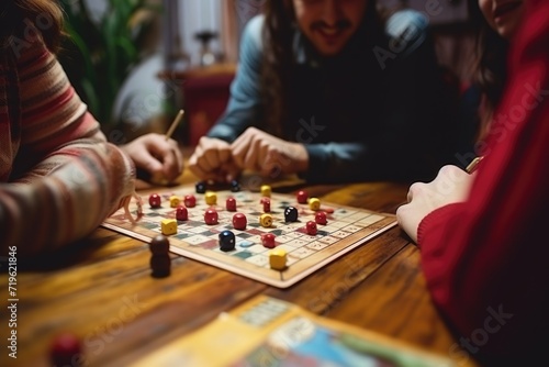 Group of friends women and men playing table board games at home photo