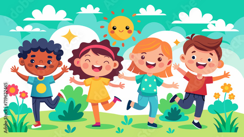 Flat style illustration of children playing happily in a picnic area.