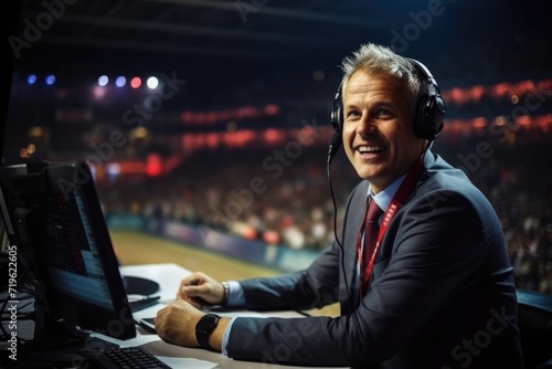 Professional commentator man on live footbal match on stadium photo