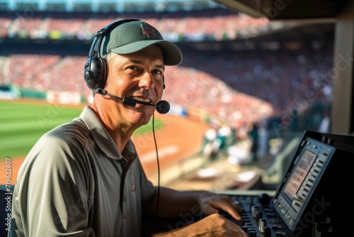 Professional commentator man on live footbal match on stadium