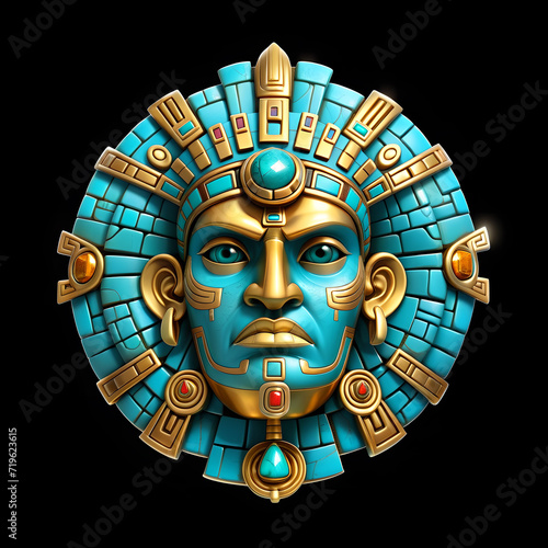 A gold Inca Mayan Aztec god head metal emblem. 3D style artifact metal badge. Coat of arms Inca god head. Inca god head metal insignia. Mayan badge. Ancient Medallion	
 photo