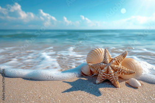 Summer sandy beach with shells on a blur ocean on background.