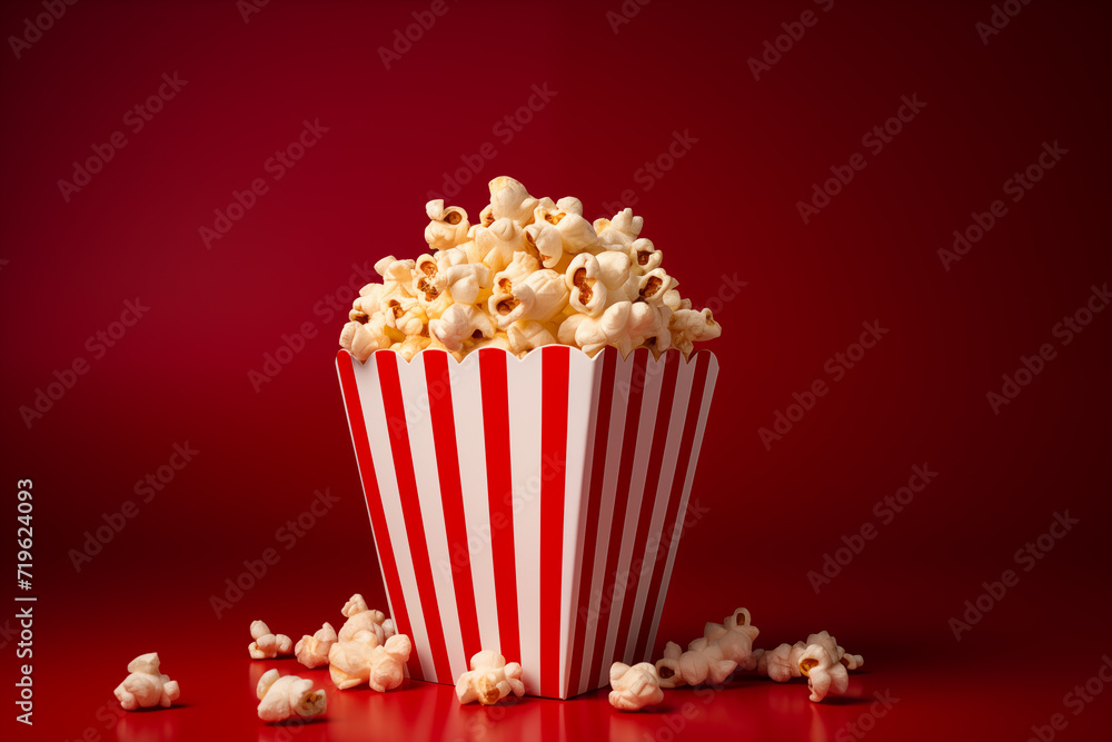 Homemade popcorn with a red background striped bucket cup AI Generation