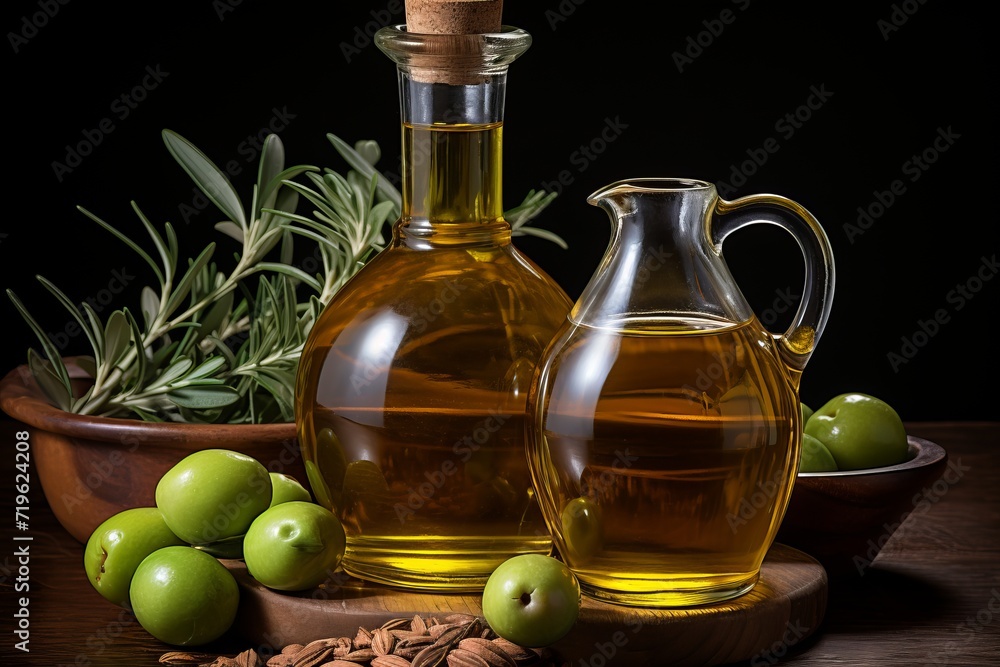 Artisan glass jar with wooden lid, half filled with extra virgin olive oil and fresh green olives Artisan glass jar with wooden lid, half filled with extra virgin olive oil and fresh green olives