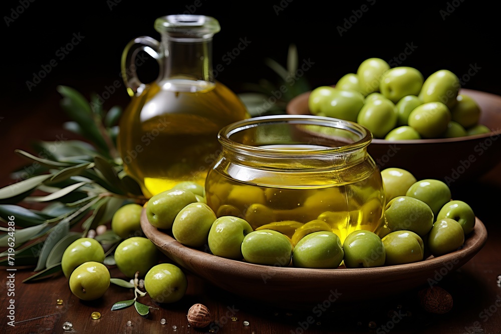 Olive oil jar with green olives on soft olive background - mediterranean cooking inspiration Olive oil jar with green olives on soft olive background - mediterranean cooking inspiration