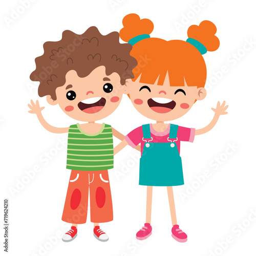 Cartoon Illustration Of Kids Hugging