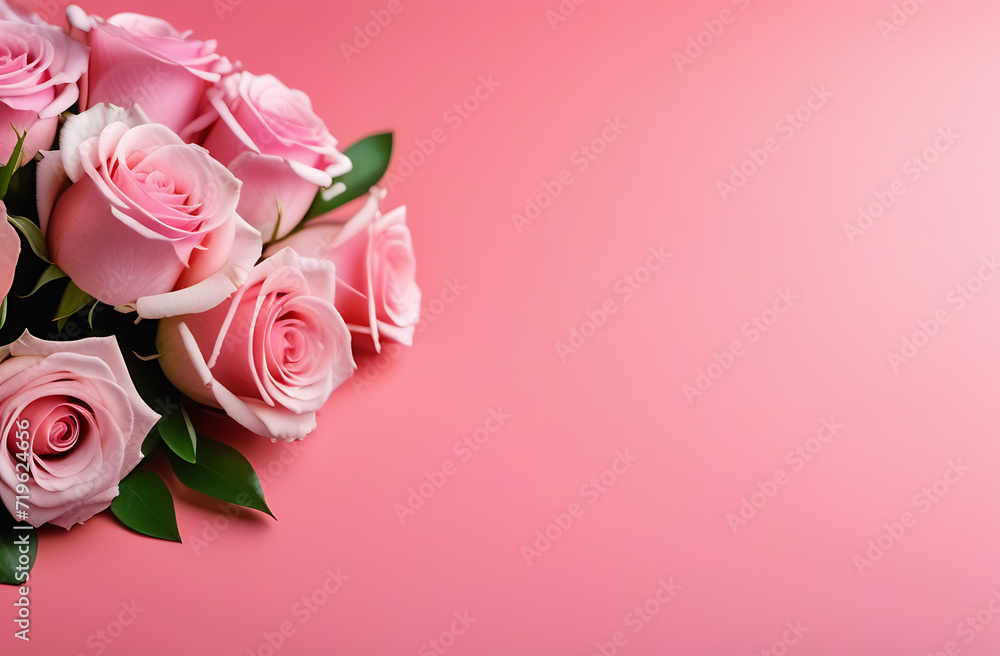 Women's day concept. Top photo of pink roses on isolated pastel pink background with copy space Women's day concept. Top photo of pink roses on isolated pastel pink background with copy space