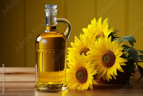 Sunflower oil in glass bottle on yellow backdrop, natural and healthy cooking ingredient