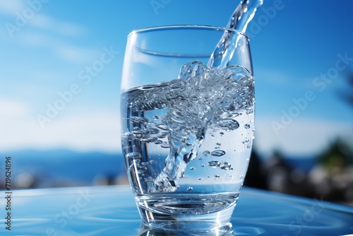 Pure, refreshing drinking water in a sparkling clear glass against a serene soft blue background