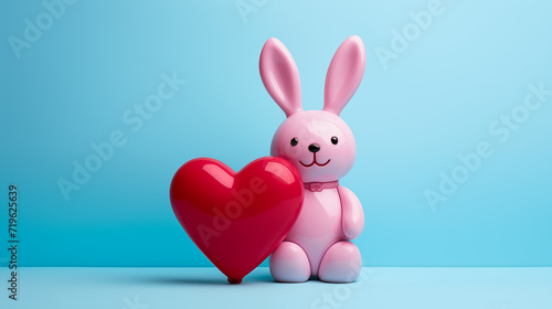 Cute pink rabbit  latex bunny with a red heart on a soft blue background.