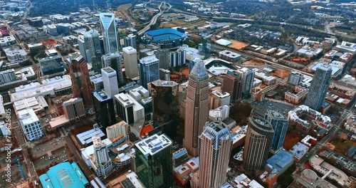 Multiple high-rise buildings in the city centre of a modern city. Aerial view of the downtown of Charlotte, NC, USA. photo