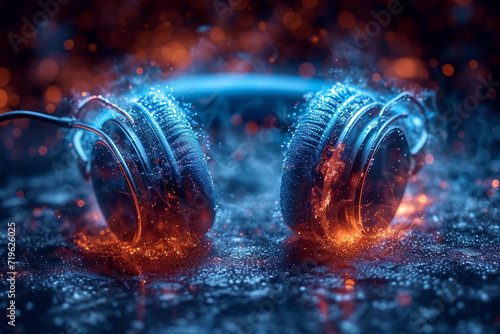 Headphones futuristic technology , music hits 3D Rendering photo