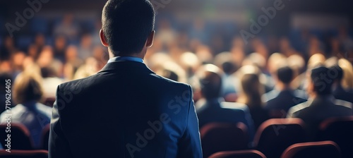 Business conference speaker giving presentation with copy space for text placement