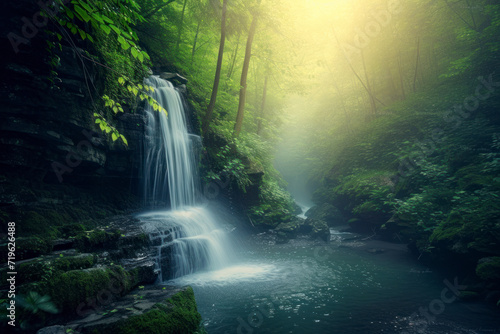 Enchanting forest waterfall  a magical image featuring a hidden waterfall cascading through a lush forest  creating a mystical and nature-centric scene for eco-tourism  hiking adventures.