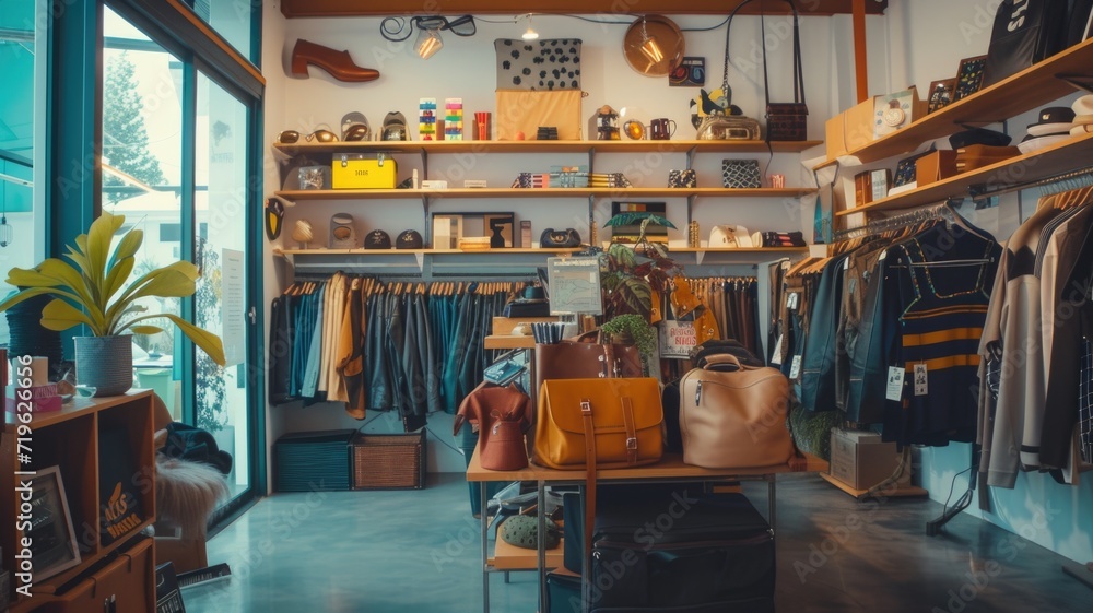 Fototapeta premium array of effortlessly stylish clothing, shoes in modern shop options from the iconic '80s and '90s, concept secondhand shopping,