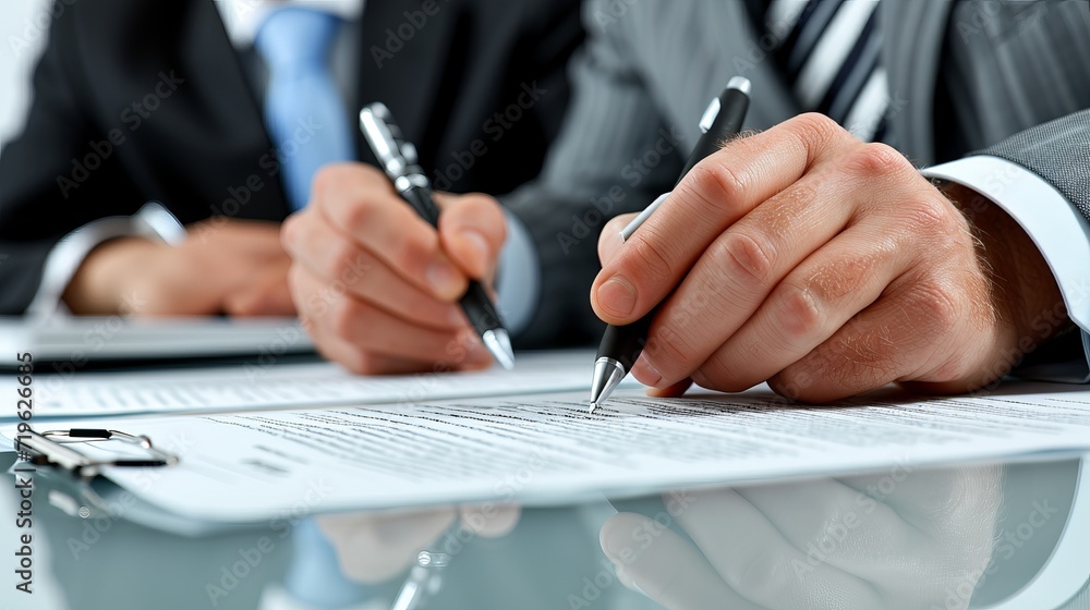 Close up of professionals negotiating contract and sealing deal with a handshake Close up of professionals negotiating contract and sealing deal with a handshake